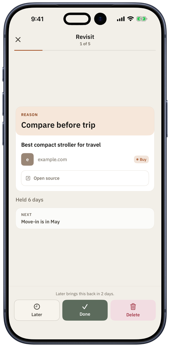 Tably Revisit on iPhone showing why the page was held, an optional Open source, and Later, Done, and Delete at the foot of the screen.