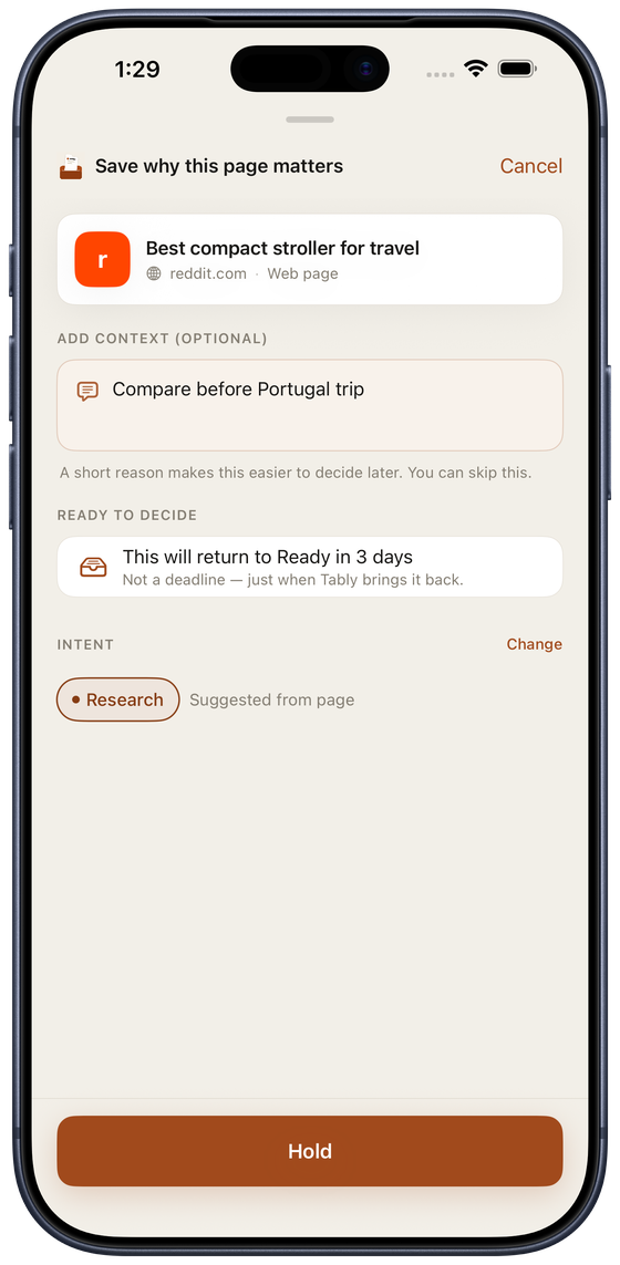 Tably Hold form on iPhone showing one chosen page, optional reason, return timing, intent, and Hold button.