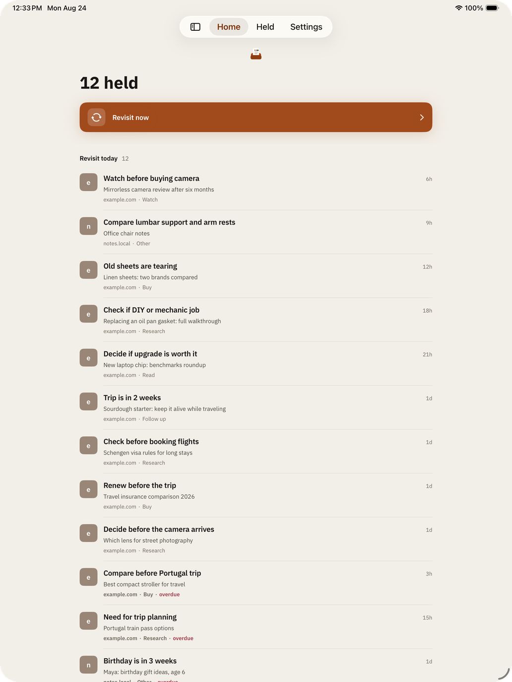 Tably Home on a 13-inch iPad, with held pages due to revisit today held to a readable column rather than stretched across the screen.