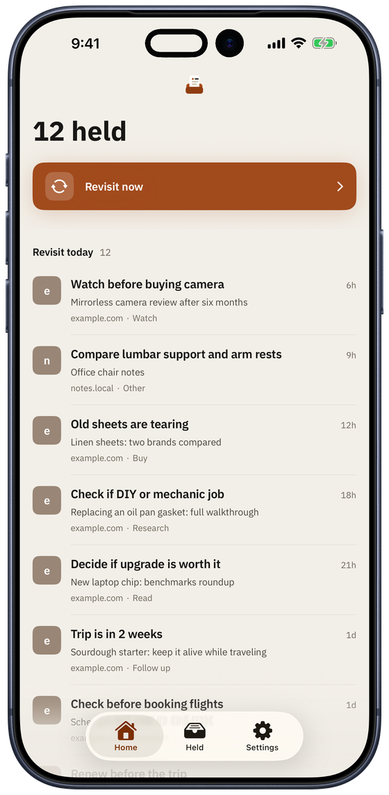 Tably Home on iPhone showing held pages due to revisit today, each with the reason it was kept.
