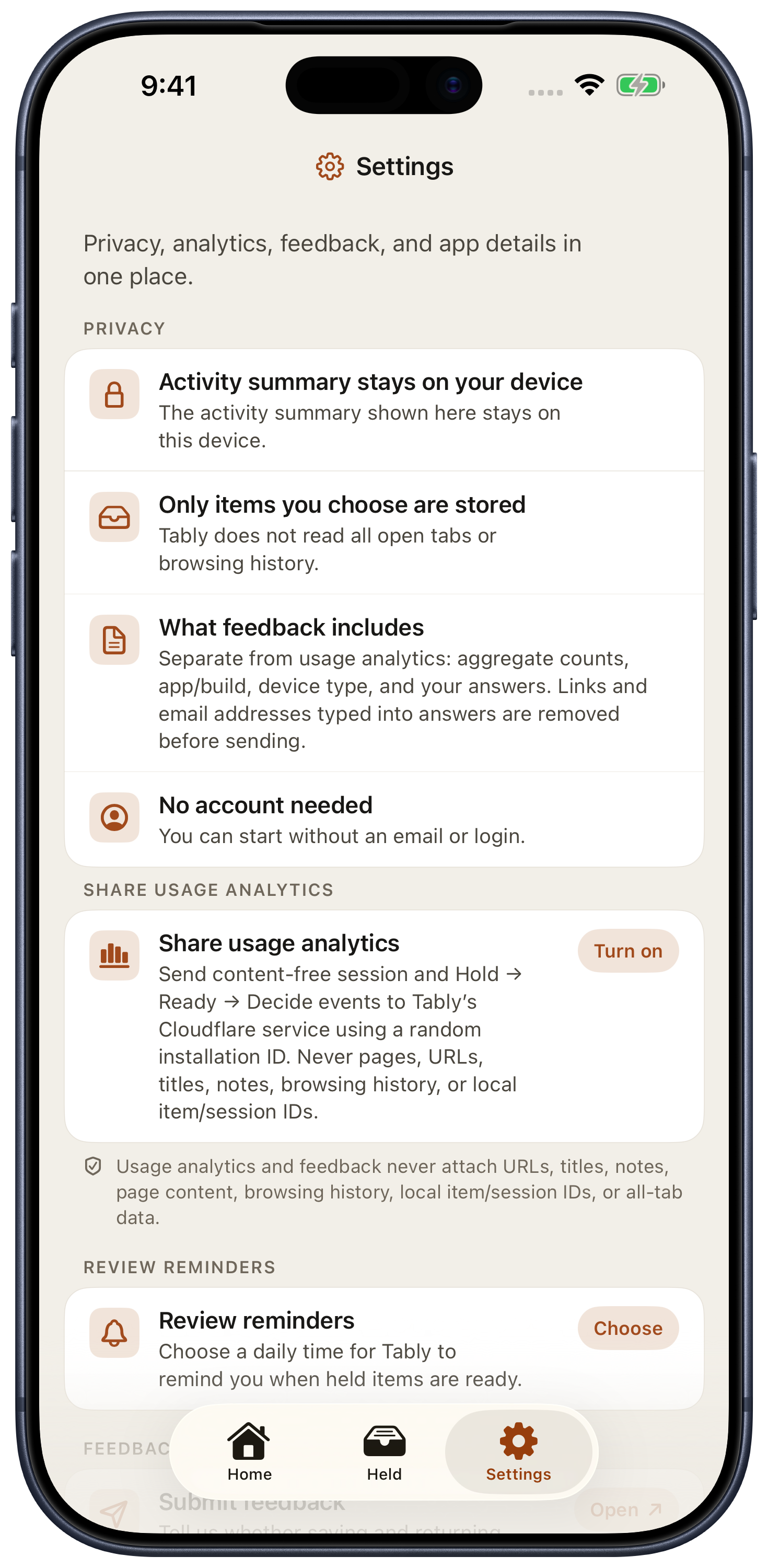 Tably Settings shown in a Deep Blue iPhone 17 Pro Max, with saved-content privacy and optional usage analytics controls.