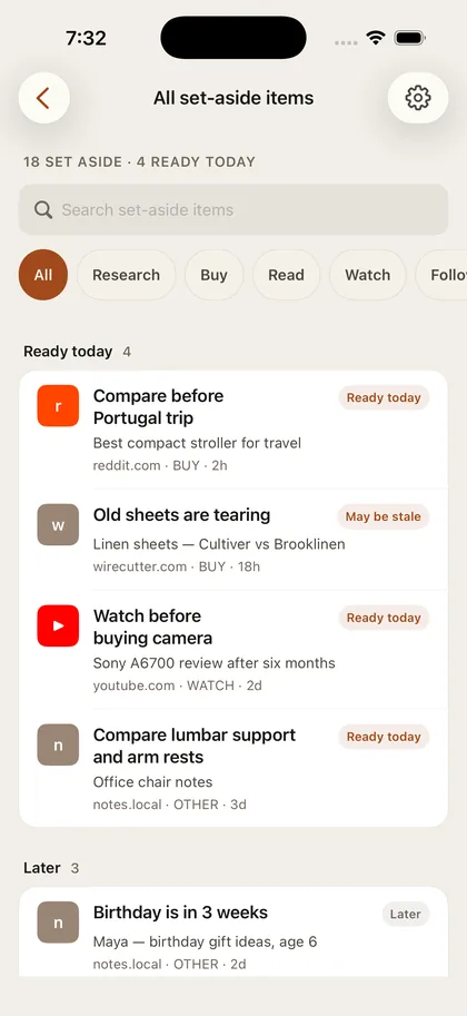 Tably all set-aside screen showing saved contexts in Ready today and Later states.