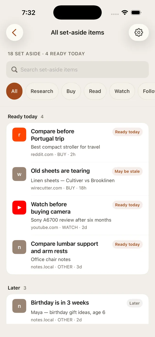 All set-aside items screen showing searchable saved contexts and ready/later states.