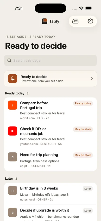 Tably Ready to decide screen with saved tab context grouped into Ready today and Later.