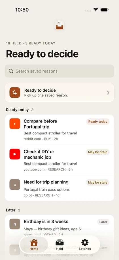 Current Tably Home showing Held pages marked Ready to decide.