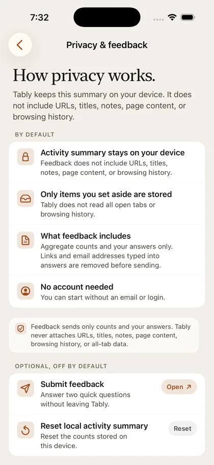 Tably privacy screen explaining local activity summary, set-aside items, optional diagnostics, and no account requirement.