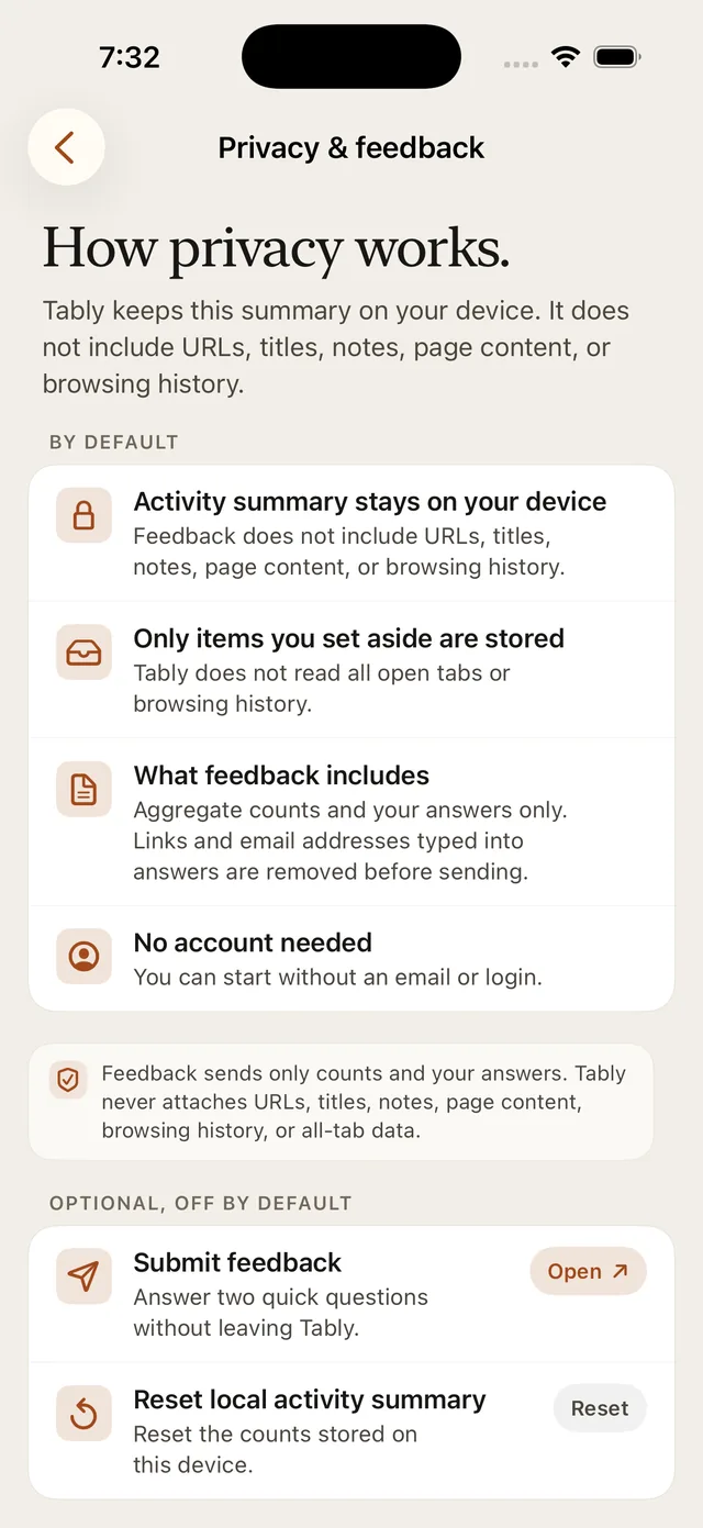 Tably privacy screen explaining local activity summary, set-aside items, optional diagnostics, and no account requirement.