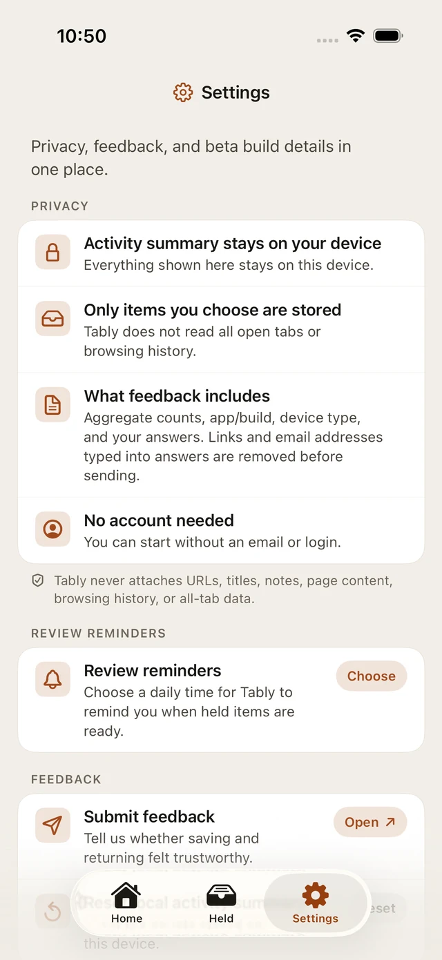 Current Tably Settings screen explaining local storage, optional diagnostics, and chosen-page privacy.