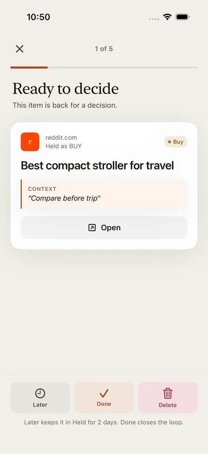 Current Tably review screen with Open, Later, Done, and Delete actions.
