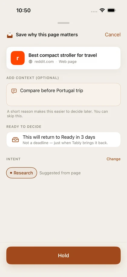 Current Tably Hold form showing a chosen page, optional reason, return timing, and intent.