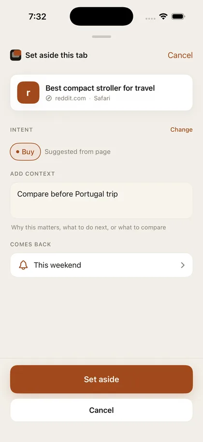 Tably share sheet save form with source page, intent, context note, and Set aside button.